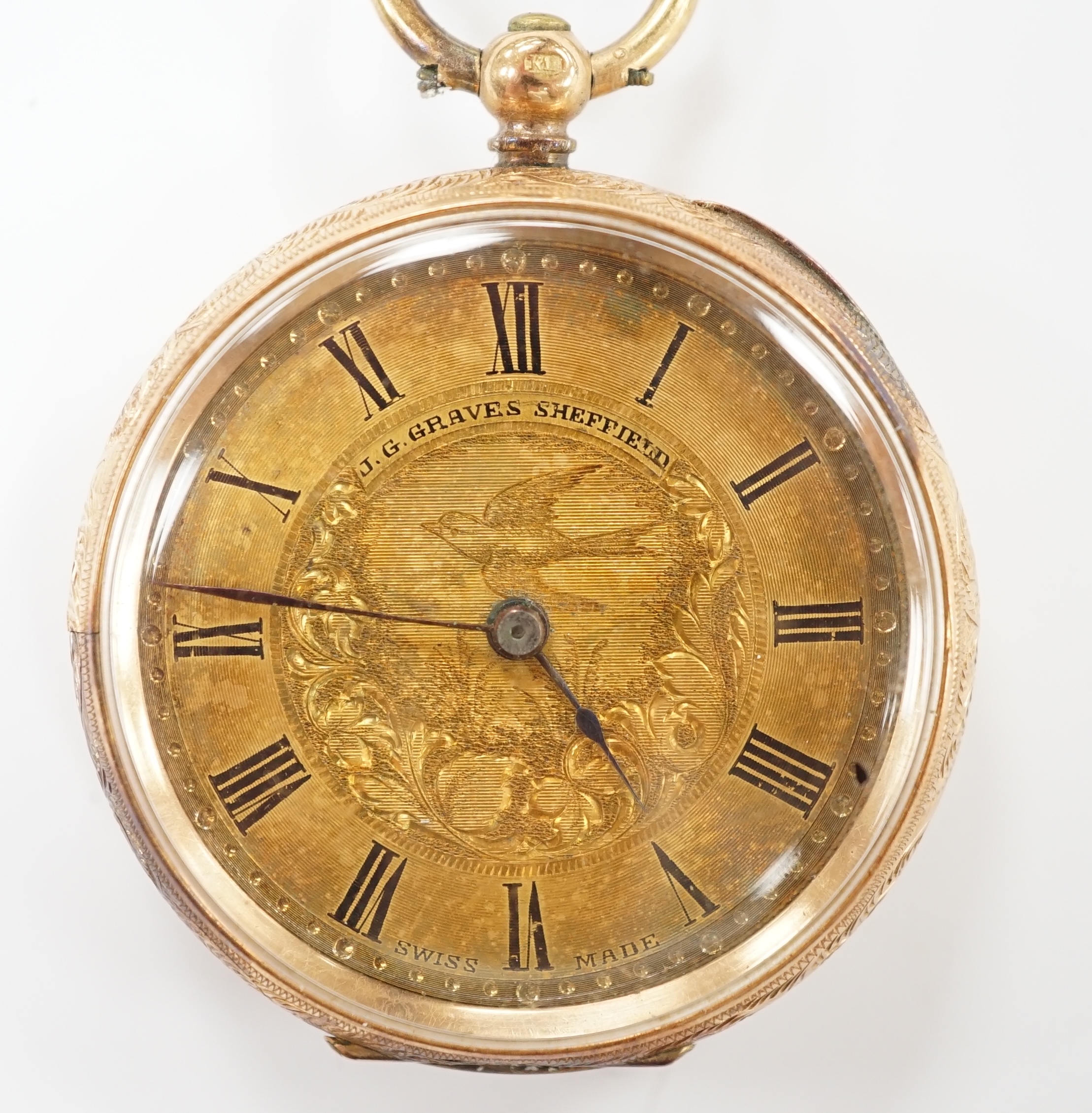 A continental engraved 14k open face fob watch, with Roman dial, case diameter 34mm, gross weight 30.5 grams.